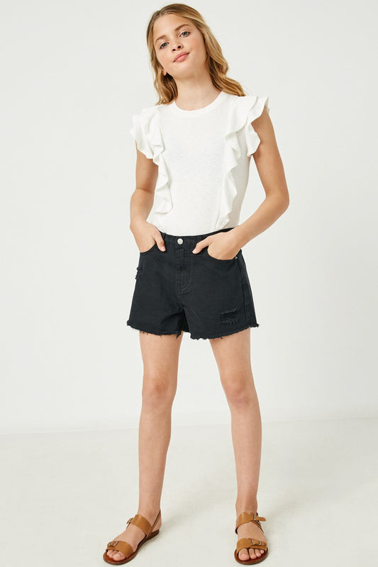 Girls Distressed Black Denim Shorts