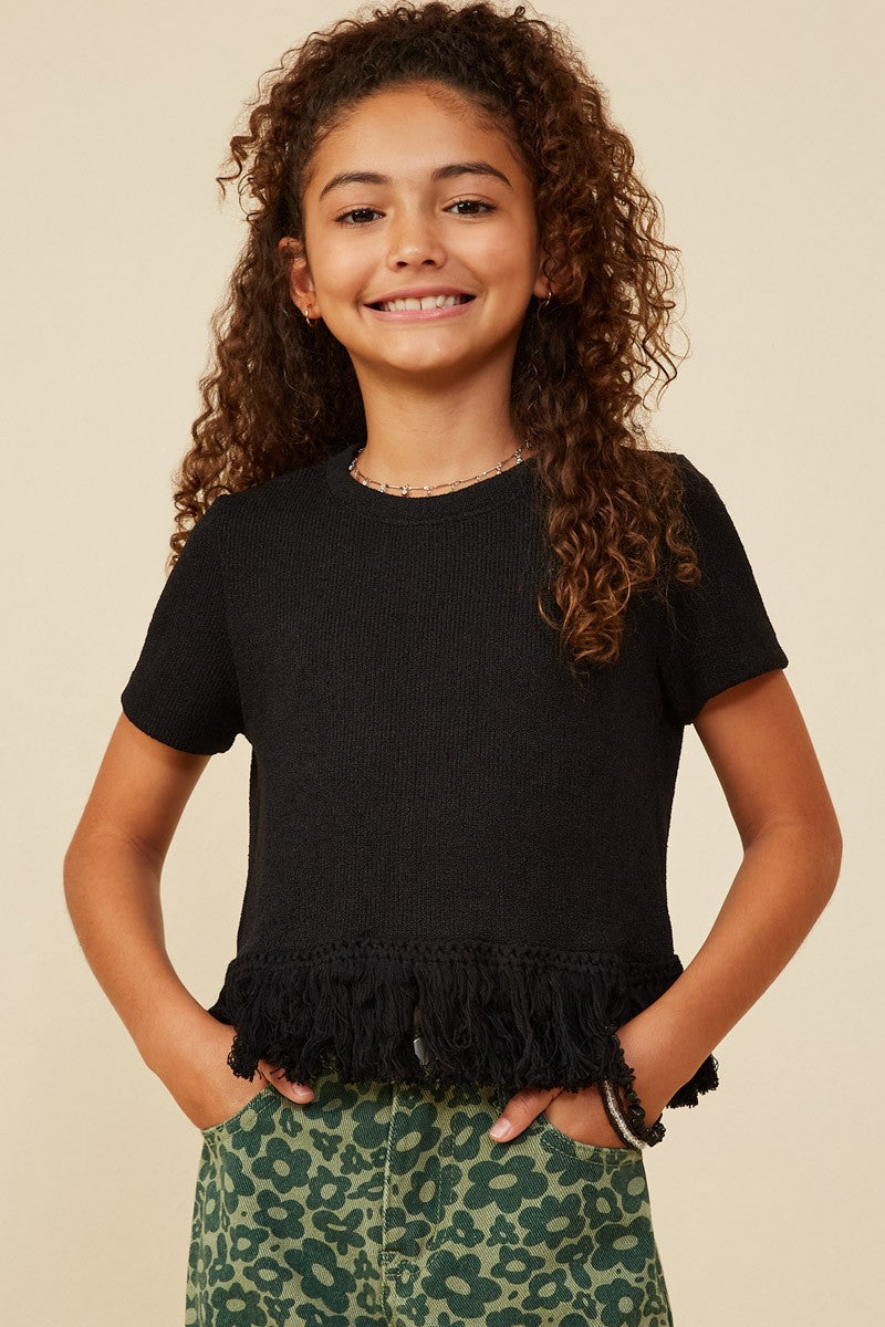 Girls Fringed Tassel Hem Textured Knit Top
