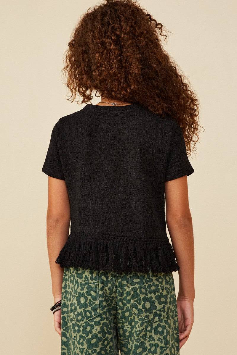 Girls Fringed Tassel Hem Textured Knit Top