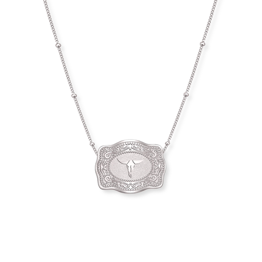 SpurWest Mini Belt Buckle Necklace (Longhorn) - Silver - Silver / Beaded Chain (16" + 2" extender)