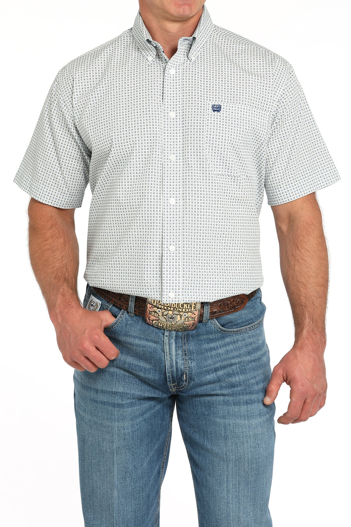 Cinch Men's Geo Print Short Sleeve Shirt – White with Gray and Navy