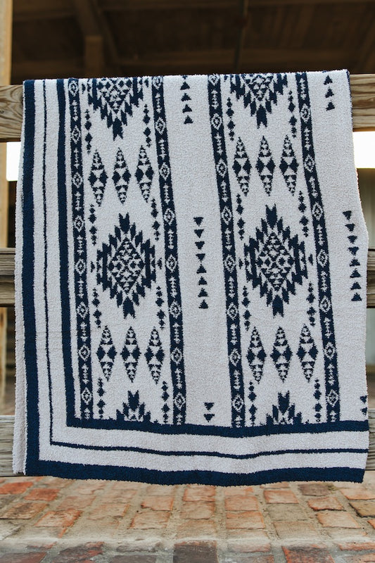 Lucky & Blessed Ivory Blue Aztec Blanket
