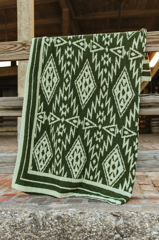 Lucky & Blessed Olive Ivory Aztec Printed Blanket