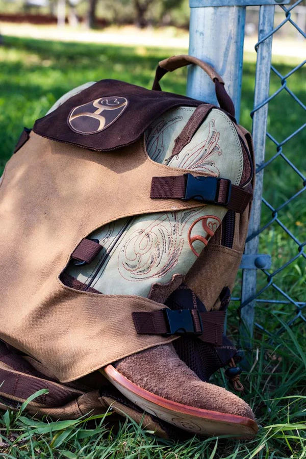 Hooey Mule Backpack Boot Carrying Tan Body with Brown Brown / Black Lid and Accents
