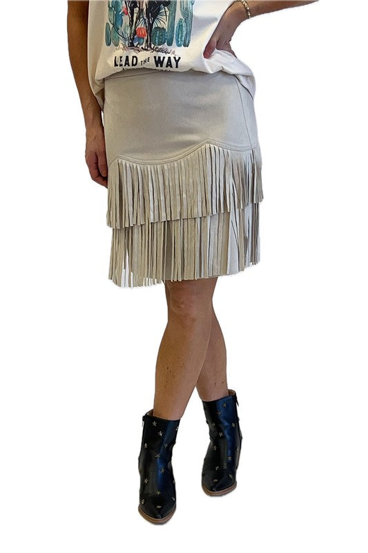 Faux Suede Fringe Skirt Beige
