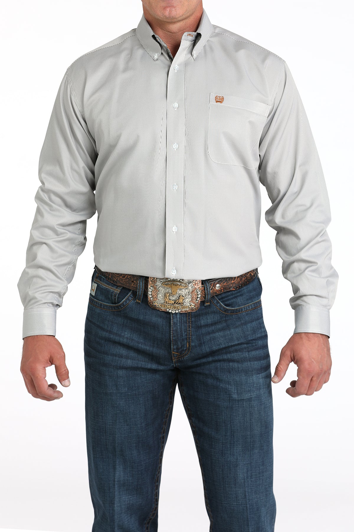 Cinch Men's Striped Long Sleeve Button Down- Olive
