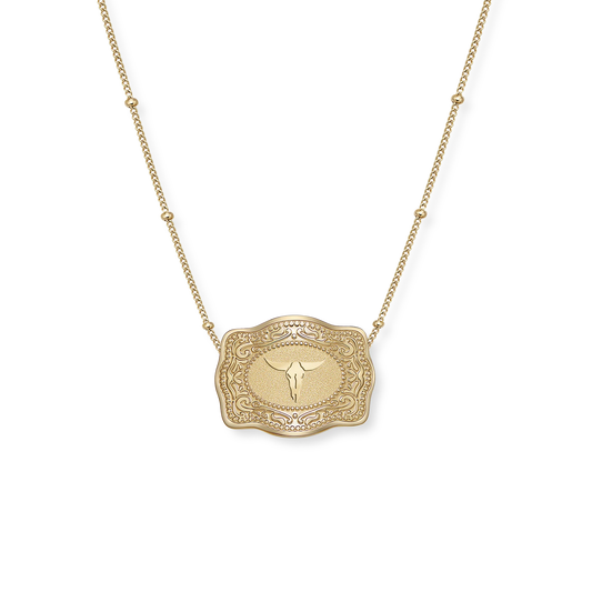 SpurWest   Mini Belt Buckle Necklace (Longhorn) - Gold - Gold / Beaded Chain (16" + 2" extender)