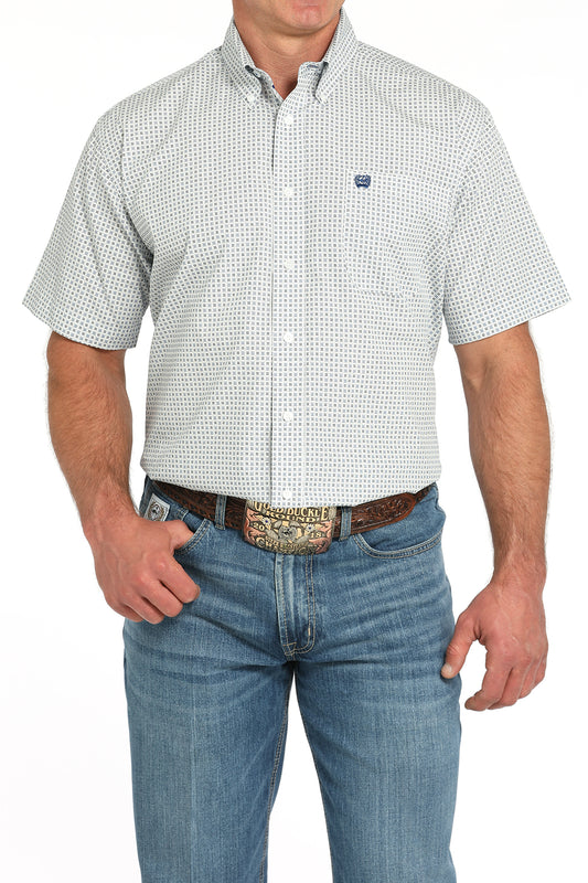 Cinch Men's Geo Print Short Sleeve Shirt – White with Gray and Navy