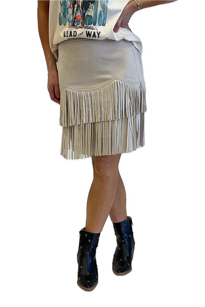 Faux Suede Fringe Skirt Beige