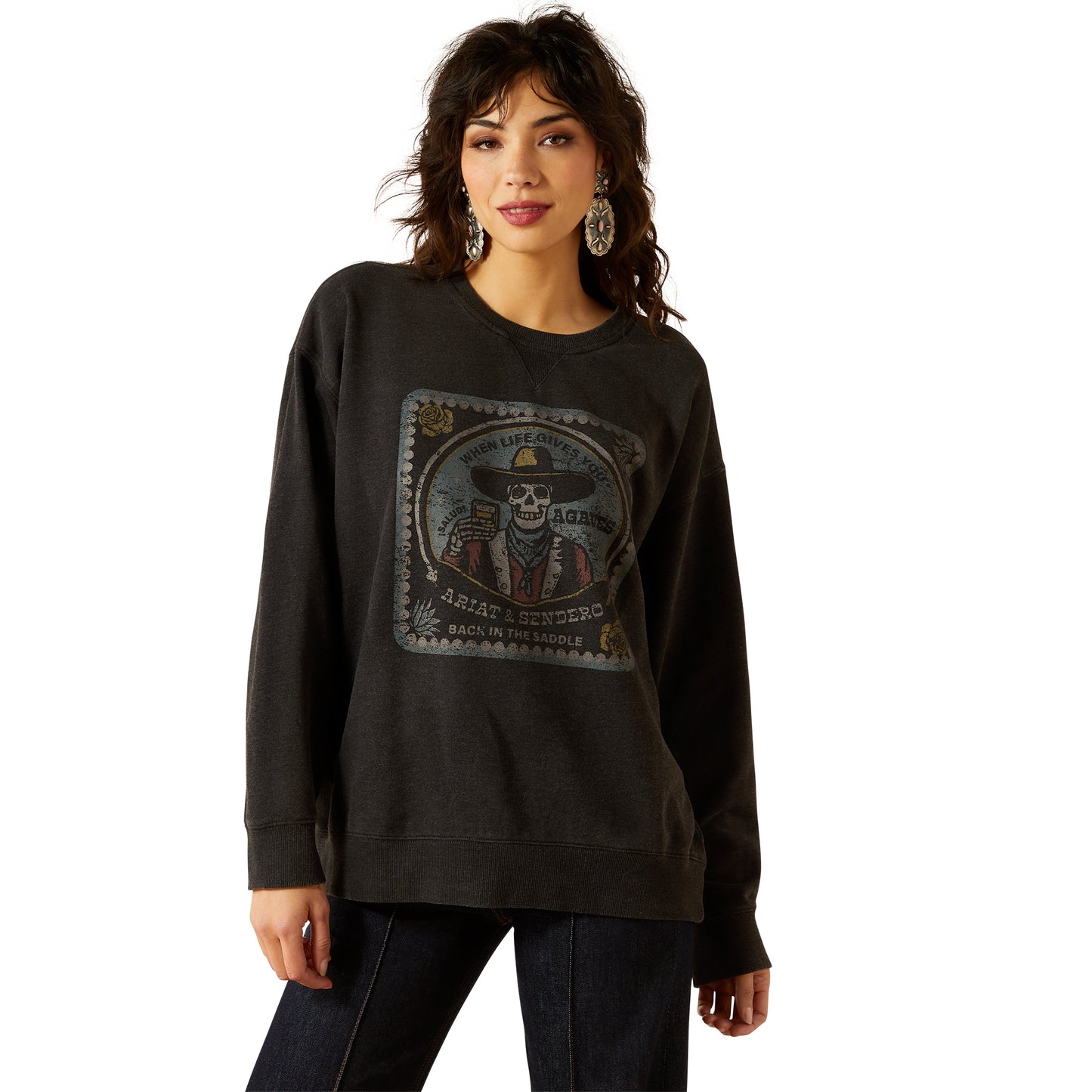 Ariat Women's When Life Gives You Agaves Sweatshirt- BLACK MINERAL WASH