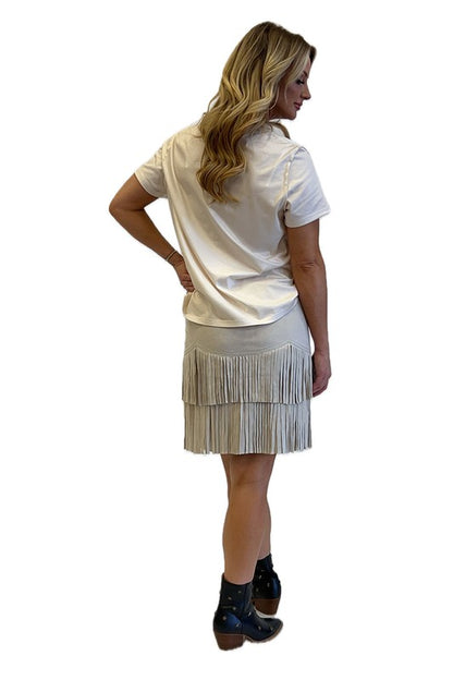 Faux Suede Fringe Skirt Beige